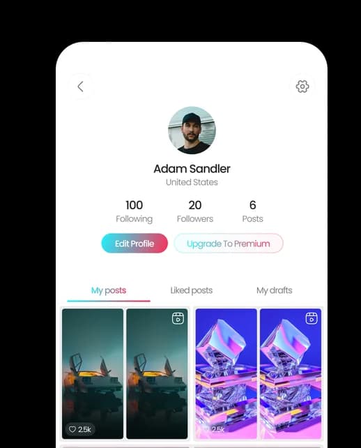 The Opic3D mobile app: a creator profile and the home feed